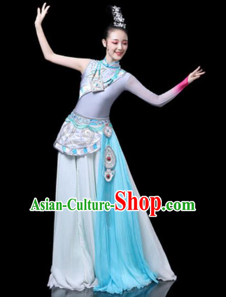 Chinese Traditional Ethnic Dance Costume Zang Nationality Dance Blue Dress for Women