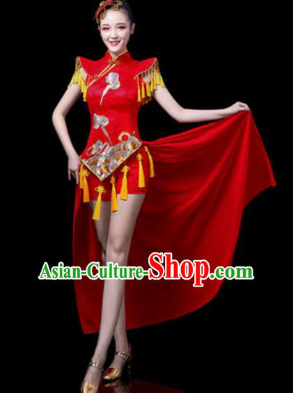 Traditional Chinese Folk Dance Costume Drum Dance Red Clothing for Women