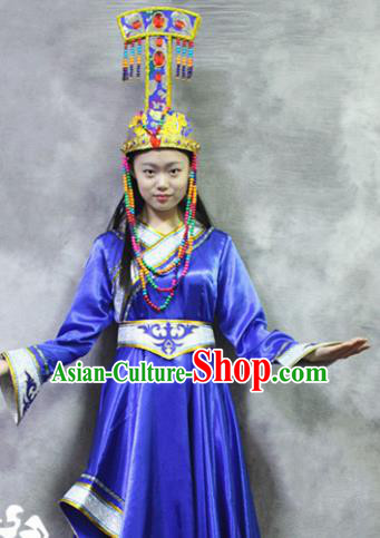 Asian Chinese Traditional Ethnic Costume Mongol Nationality Dance Blue Dress for Women