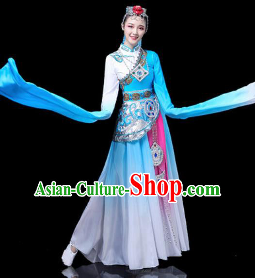 Chinese Traditional Ethnic Dance Costume Zang Nationality Stage Dance Blue Dress for Women