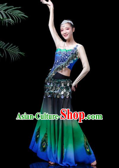 Chinese Traditional Ethnic Dance Costume Dai Nationality Peacock Dance Green Dress for Women