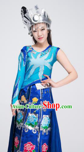 Asian Chinese Traditional Ethnic Costume Miao Nationality Dance Blue Dress for Women