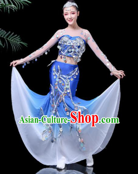 Chinese Traditional Ethnic Dance Costume Dai Nationality Peacock Dance Blue Dress for Women