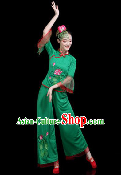 Chinese Traditional Yangko Dance Costume Folk Dance Fan Dance Green Clothing for Women