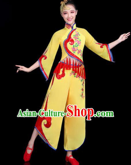 Chinese Traditional Folk Dance Yangko Dance Costume Fan Dance Yellow Clothing for Women