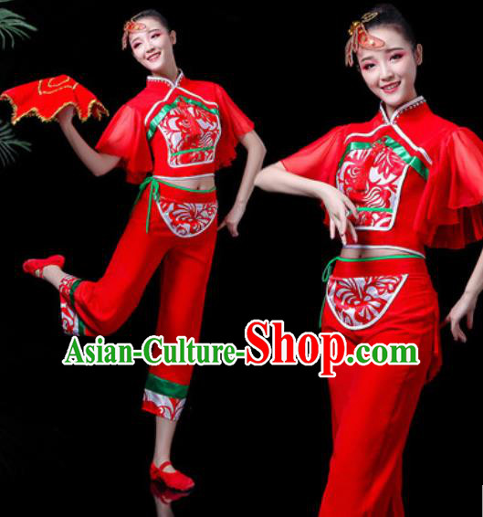 Chinese Traditional Yangko Dance Costume Folk Dance Fan Dance Red Clothing for Women