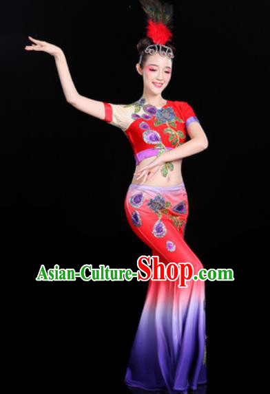 Chinese Traditional Ethnic Peacock Dance Costume Dai Nationality Folk Dance Dress for Women