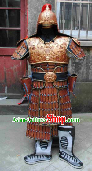 Chinese Ancient Drama Han Dynasty Warrior General Golden Body Armor and Helmet Complete Set