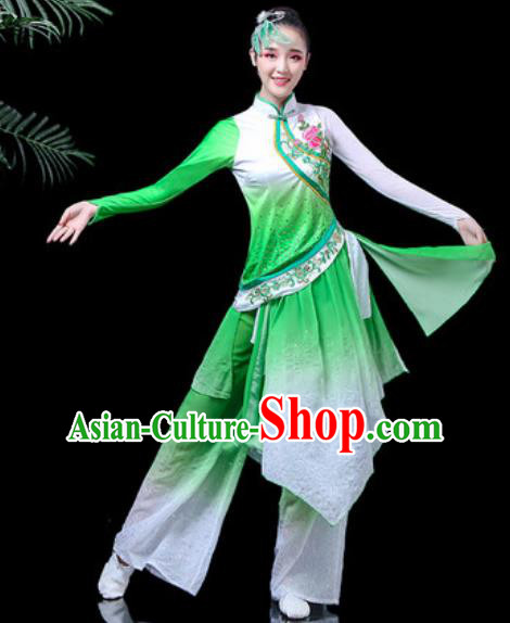 Traditional Chinese Folk Dance Costume Fan Dance Green Clothing for Women