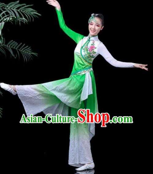 Traditional Chinese Folk Dance Costume Fan Dance Green Clothing for Women