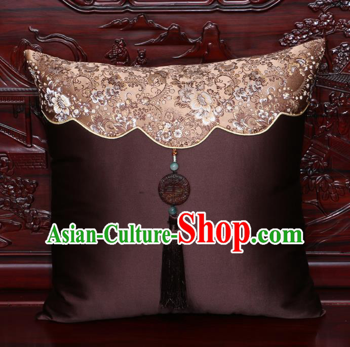 Chinese Classical Peony Pattern Jade Pendant Brown Brocade Square Cushion Cover Traditional Household Ornament