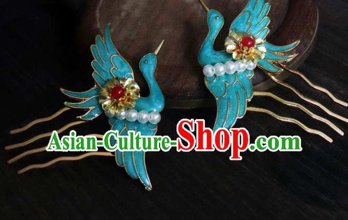 Chinese Ancient Palace Hair Accessories Qing Dynasty Queen Blueing Crane Hair Combs for Women