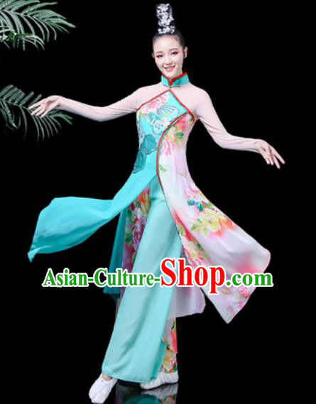 Traditional Chinese Classical Dance Costume Stage Performance Umbrella Dance Blue Dress for Women