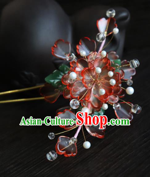 Chinese Ancient Palace Hair Accessories Traditional Classical Red Flowers Hairpins for Women