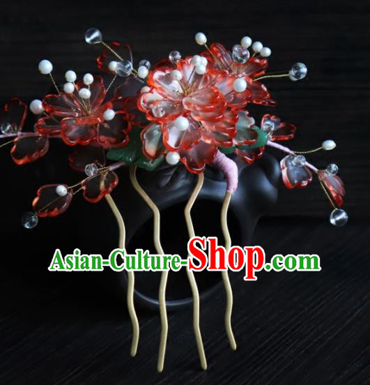 Chinese Ancient Palace Hair Accessories Traditional Classical Red Flowers Hair Combs for Women