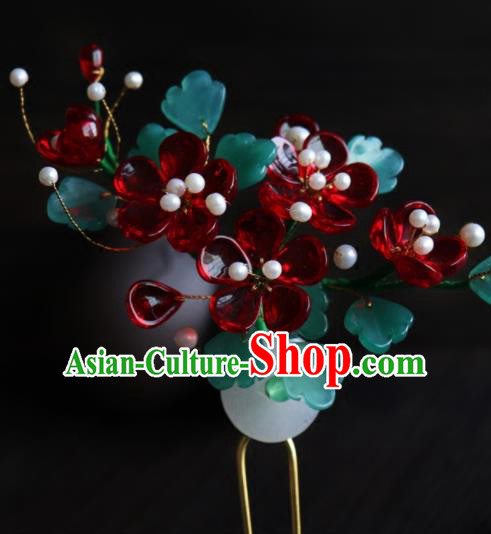 Chinese Ancient Palace Hair Accessories Traditional Classical Wine Red Flowers Hairpins for Women