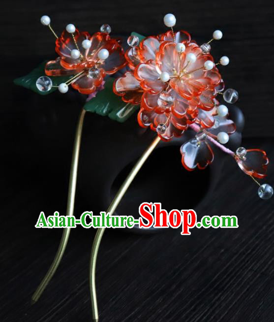 Chinese Ancient Palace Hair Accessories Traditional Classical Red Flowers Hairpins for Women
