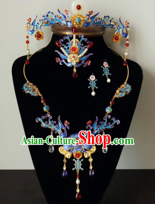 Chinese Ancient Palace Hair Accessories Traditional Classical Blueing Phoenix Coronet Hairpins for Women