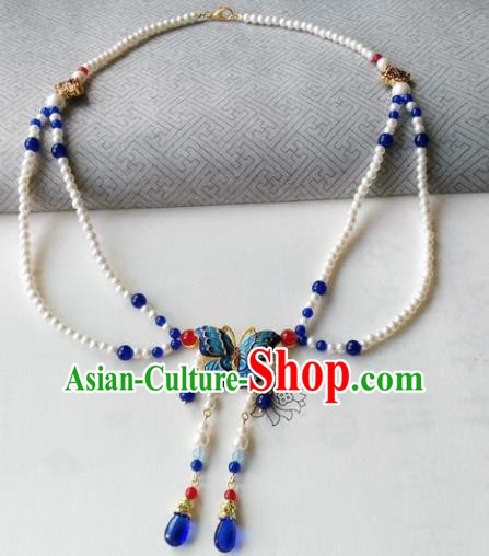 Chinese Ancient Palace Jewelry Accessories Traditional Classical Hanfu Blueing Butterfly Pearls Necklace for Women