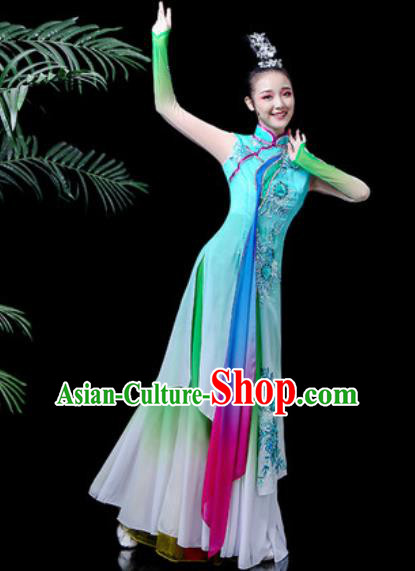 Traditional Chinese Classical Dance Costume Umbrella Dance Stage Performance Blue Dress for Women