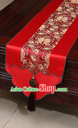 Chinese Traditional Fishes Pattern Red Brocade Table Flag Classical Satin Household Ornament Table Cover