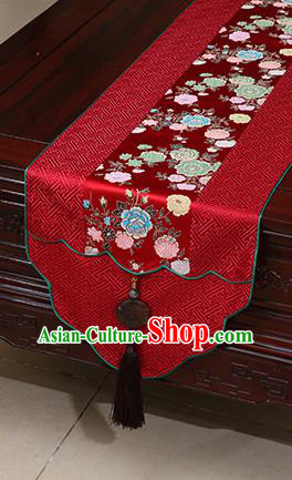 Chinese Traditional Peony Pattern Red Brocade Table Flag Classical Satin Household Ornament Table Cover