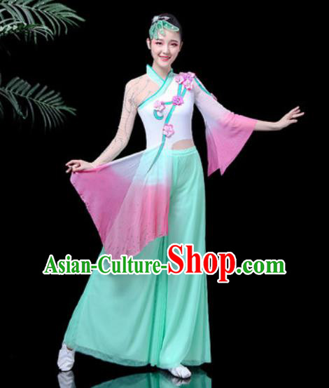 Traditional Chinese Stage Performance Costume Folk Dance Fan Dance Green Clothing for Women