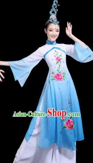 Traditional Chinese Stage Performance Costume Classical Dance Umbrella Dance Blue Dress for Women