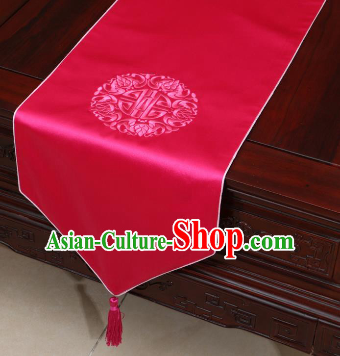 Chinese Classical Embroidered Rosy Brocade Table Flag Traditional Satin Household Ornament Table Cover
