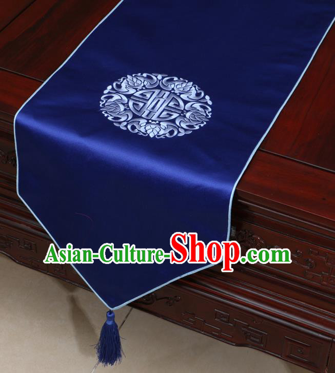 Chinese Classical Embroidered Royalblue Brocade Table Flag Traditional Satin Household Ornament Table Cover