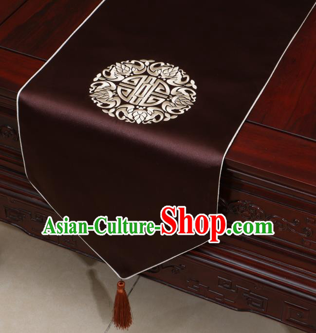 Chinese Classical Embroidered Brown Brocade Table Flag Traditional Satin Household Ornament Table Cover