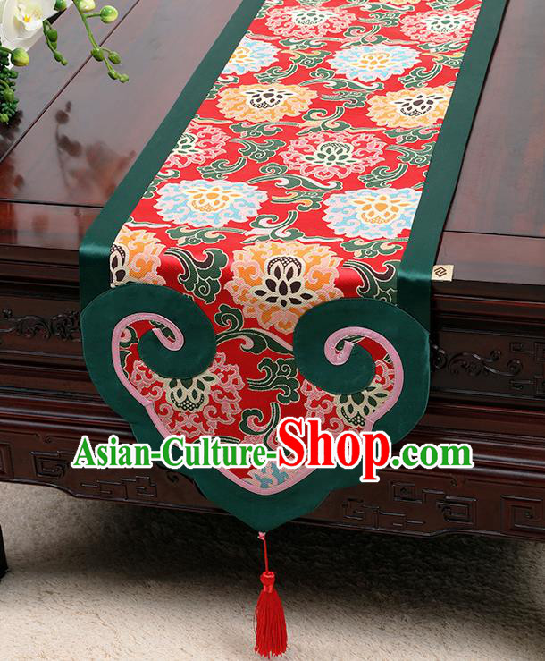 Chinese Classical Lotus Pattern Red Satin Table Flag Traditional Brocade Household Ornament Table Cover