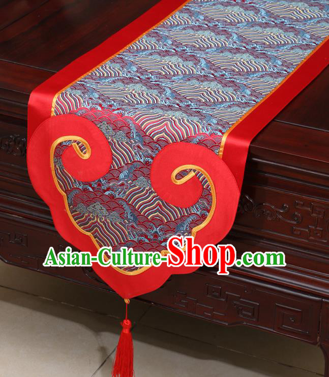 Chinese Classical Wave Pattern Red Satin Table Flag Traditional Brocade Household Ornament Table Cover