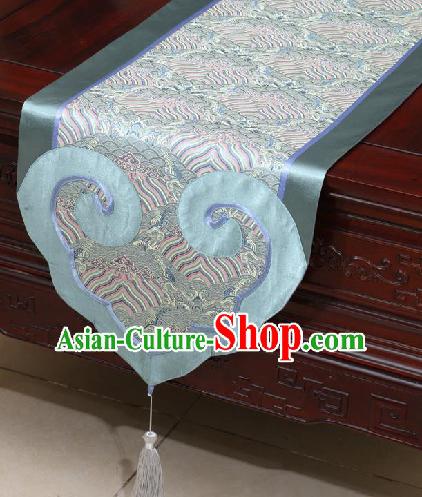 Chinese Classical Wave Pattern Blue Satin Table Flag Traditional Brocade Household Ornament Table Cover