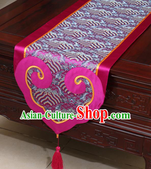 Chinese Classical Wave Pattern Rosy Satin Table Flag Traditional Brocade Household Ornament Table Cover