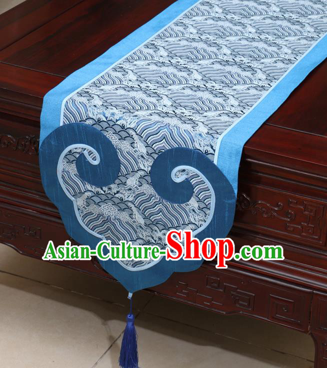 Chinese Classical Pattern Blue Satin Table Flag Traditional Brocade Household Ornament Table Cover