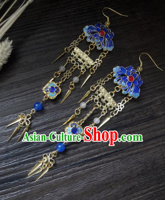 Chinese Ancient Palace Jewelry Accessories Traditional Classical Hanfu Blueing Lotus Tassel Earrings for Women