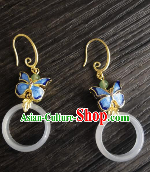 Chinese Ancient Palace Jewelry Accessories Traditional Classical Hanfu Blueing Butterfly Jade Earrings for Women