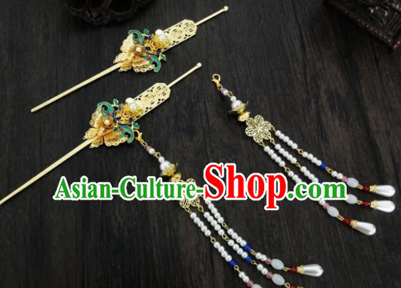 Chinese Ancient Palace Pearls Tassel Step Shake Hair Accessories Traditional Classical Blueing Hairpins for Women