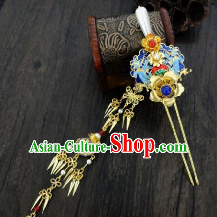 Chinese Ancient Palace Tassel Step Shake Hair Accessories Traditional Classical Blueing Hairpins for Women