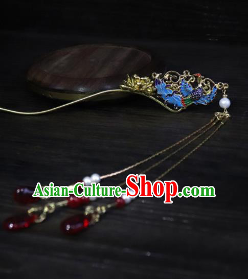 Chinese Ancient Palace Hair Accessories Traditional Classical Blueing Phoenix Tassel Hairpins for Women