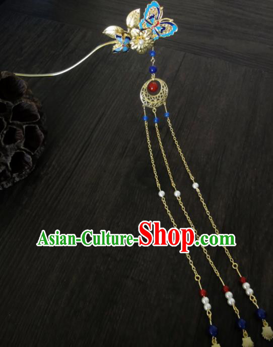 Chinese Ancient Palace Blueing Butterfly Hair Clips Hair Accessories Traditional Classical Tassel Hairpins for Women