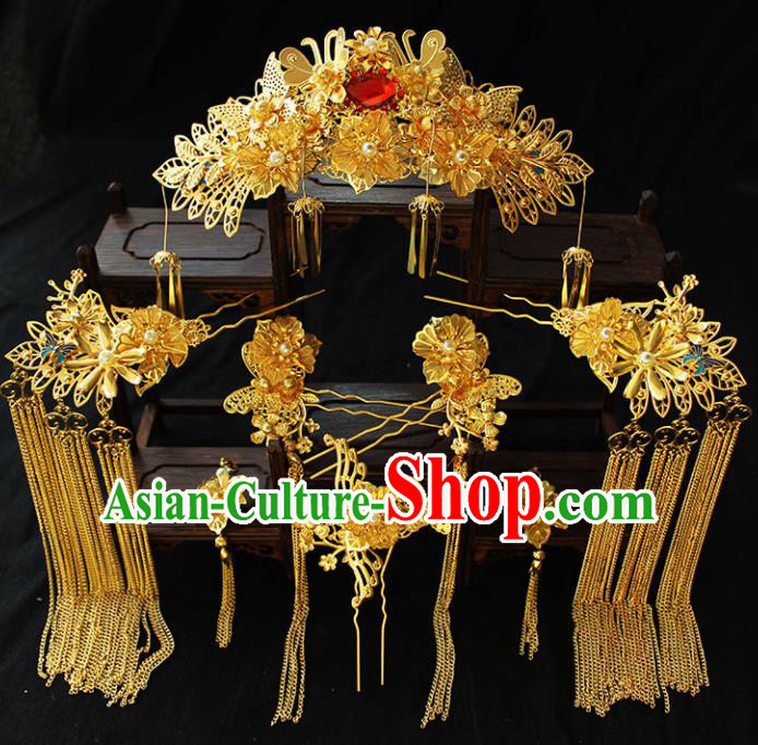 Chinese Ancient Palace Hair Accessories Traditional Classical Golden Phoenix Coronet Hairpins for Women