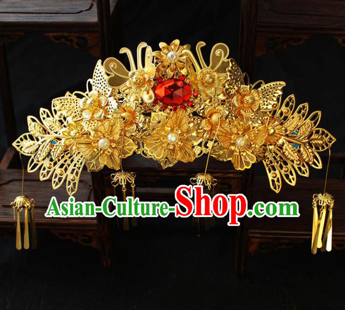 Chinese Ancient Palace Hair Accessories Traditional Classical Golden Phoenix Coronet Hairpins for Women
