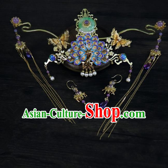 Chinese Ancient Palace Hair Accessories Traditional Classical Blueing Phoenix Coronet Hairpins for Women