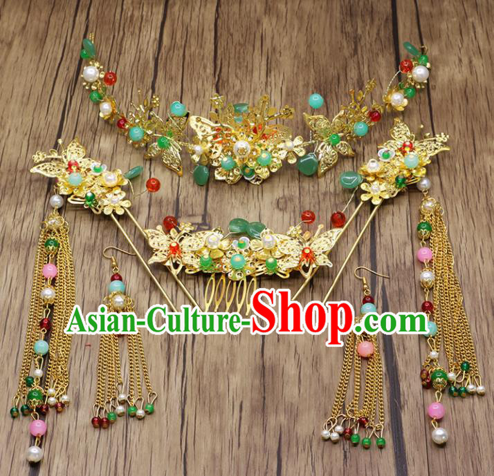 Chinese Ancient Bride Phoenix Coronet Hair Accessories Traditional Classical Tassel Hairpins for Women