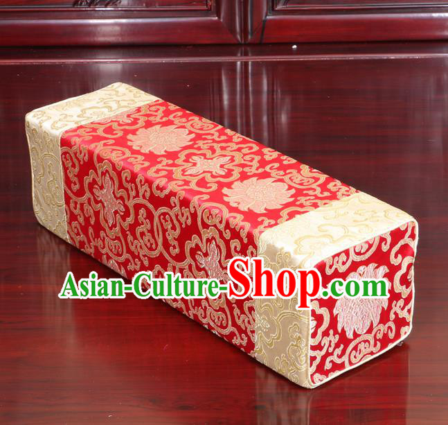 Chinese Traditional Household Accessories Armrest Pillow Classical Lotus Pattern Red Brocade Pillow