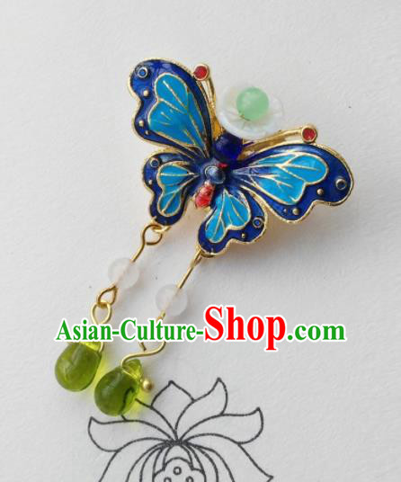 Chinese Ancient Palace Jewelry Accessories Traditional Classical Blueing Butterfly Tassel Brooch for Women