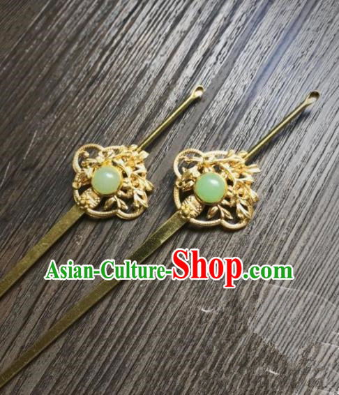 Chinese Ancient Princess Hair Accessories Traditional Green Gem Golden Hairpins for Women