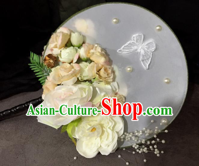 Chinese Ancient Wedding Accessories Traditional White Peony Palace Fans for Women